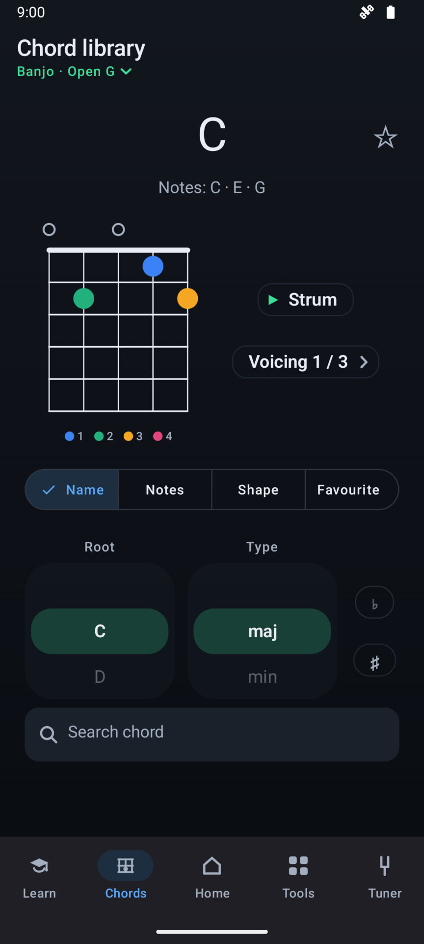 Banjo's chord library showing a C major chord diagram with a Strum button.