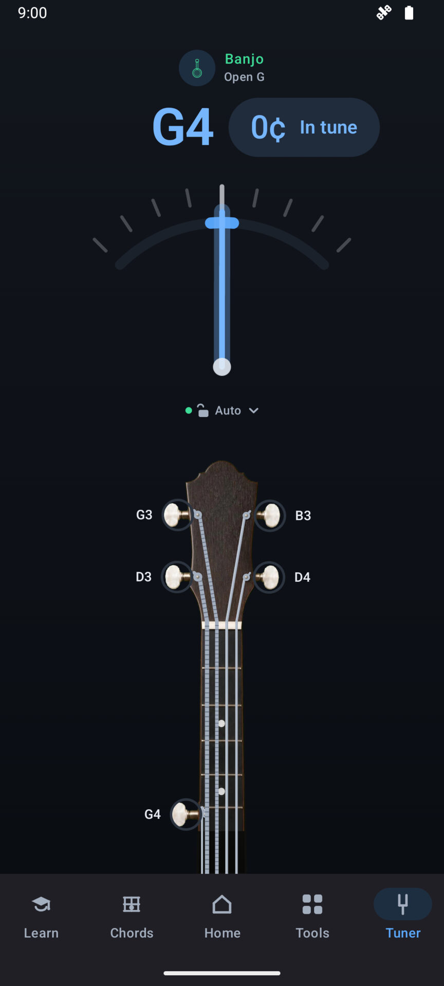 Banjo's tuner in open G reading G4 in tune at zero cents, above a banjo headstock whose pegs are labelled G3, D3, B3, D4 and the fifth-string G4.