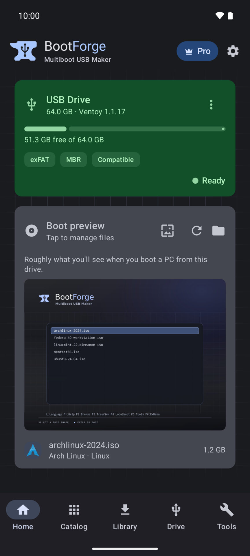 BootForge's home screen: a 64 GB Ventoy drive shown ready, above a preview of the boot menu it produces.