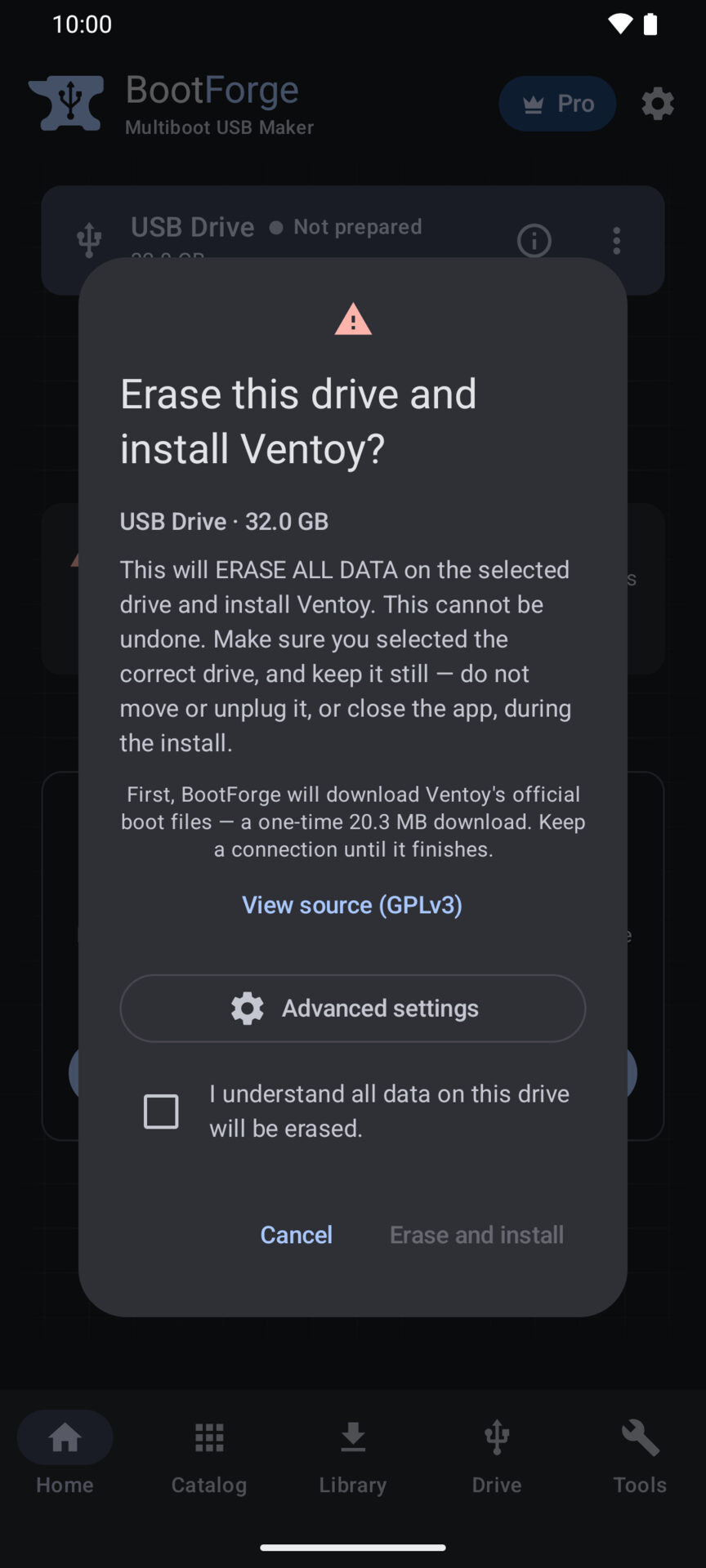BootForge asking before it erases a 32 GB drive to install Ventoy, with a checkbox to confirm that all data on it will be erased.