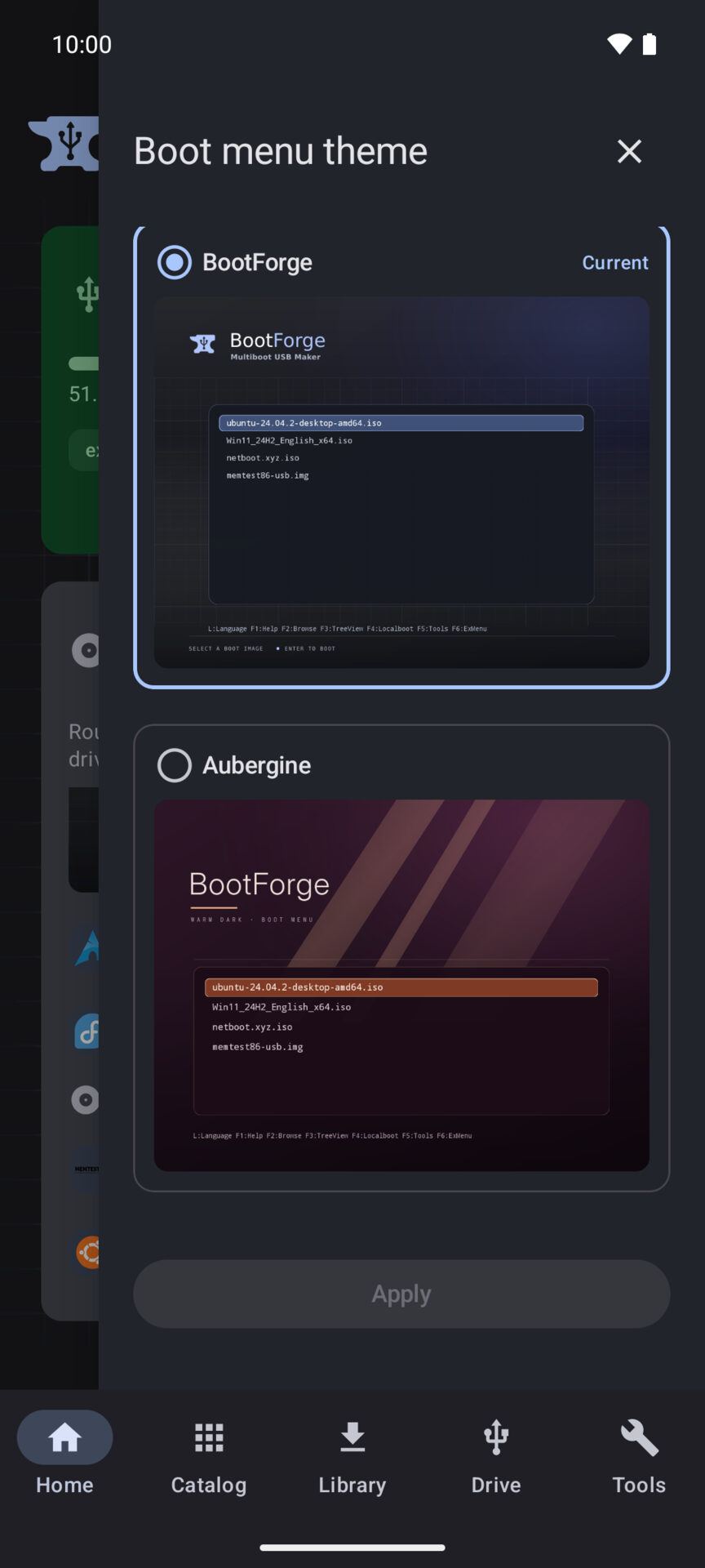 BootForge's boot-menu theme picker, previewing the BootForge and Aubergine themes.