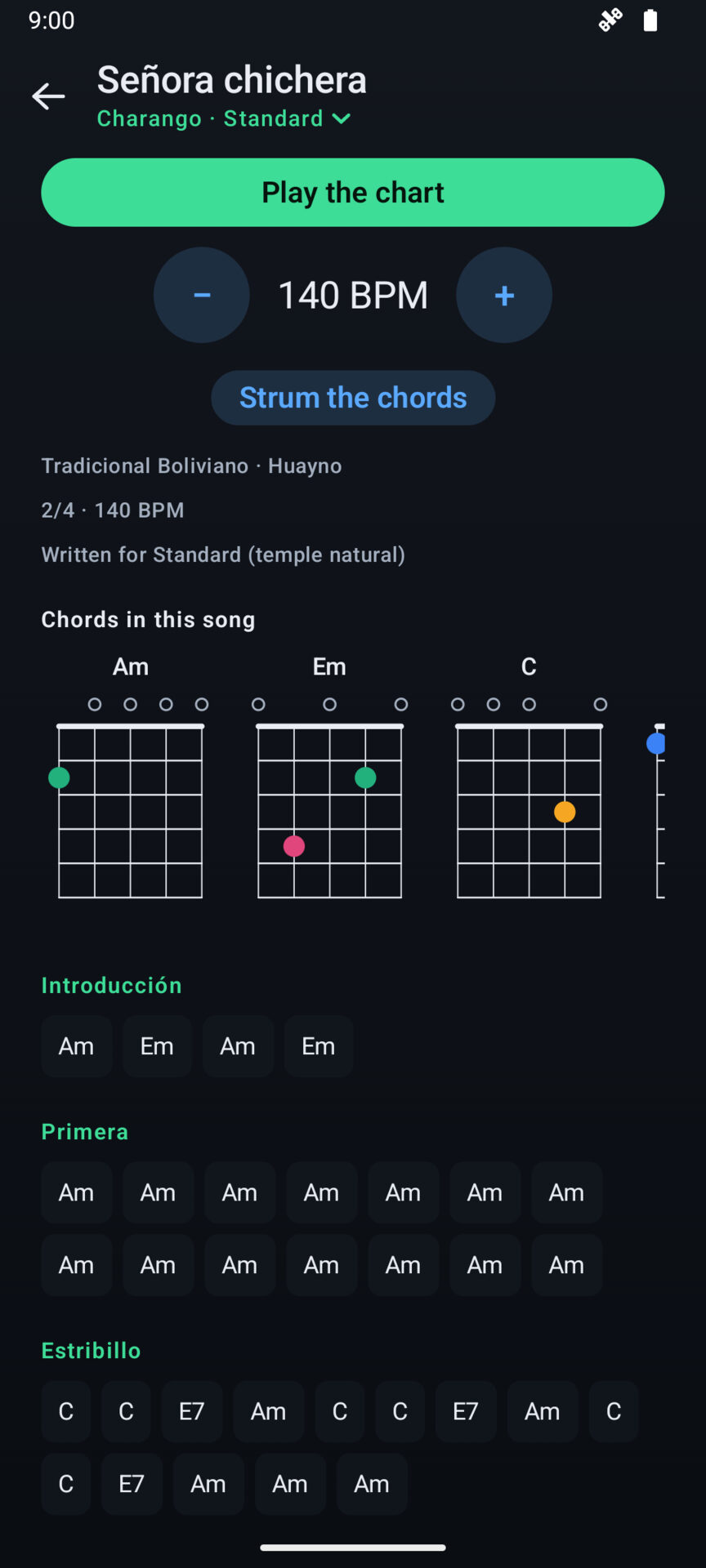 A song in Charango's songbook: the chord chart for Señora chichera with a tempo control and a Play the chart button.