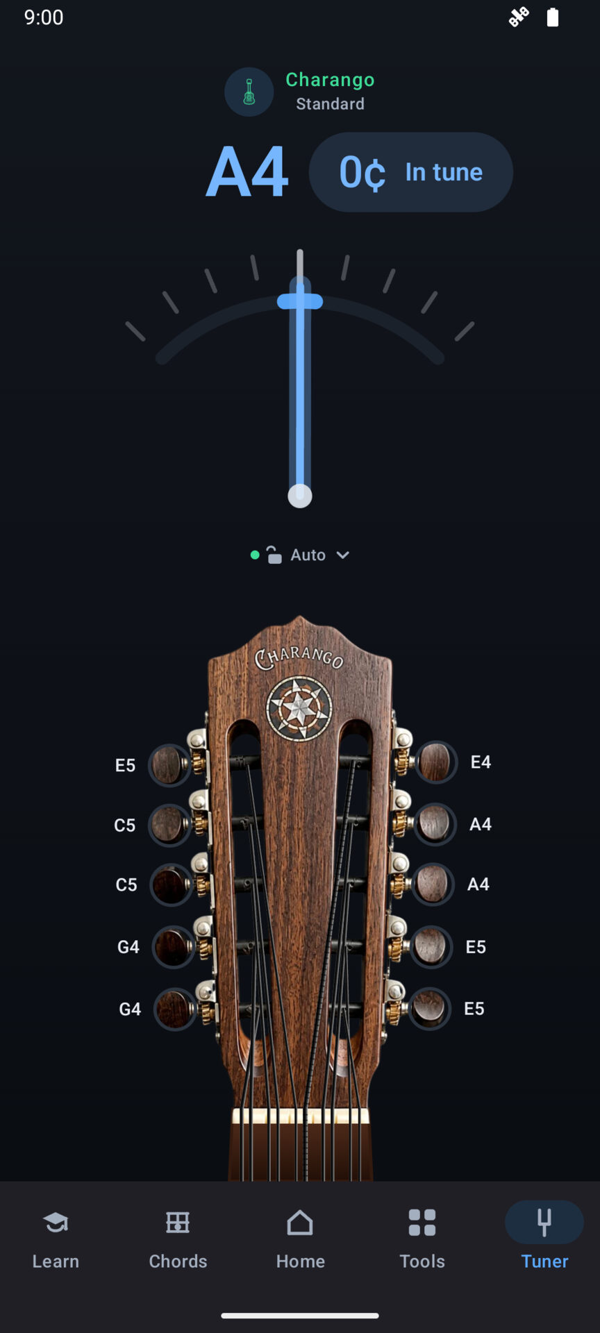 Charango's tuner reading A4 in tune at zero cents, above a charango headstock whose ten pegs are each labelled with the note its string is tuned to.