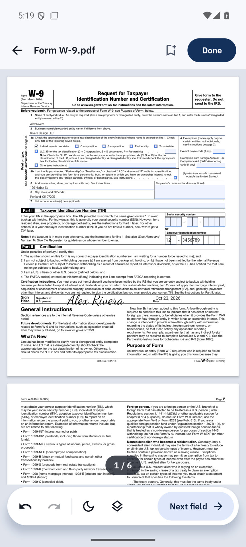 A Form W-9 filled in on the phone with a sample name, business, address and EIN, signed and dated, with a Next field button.
