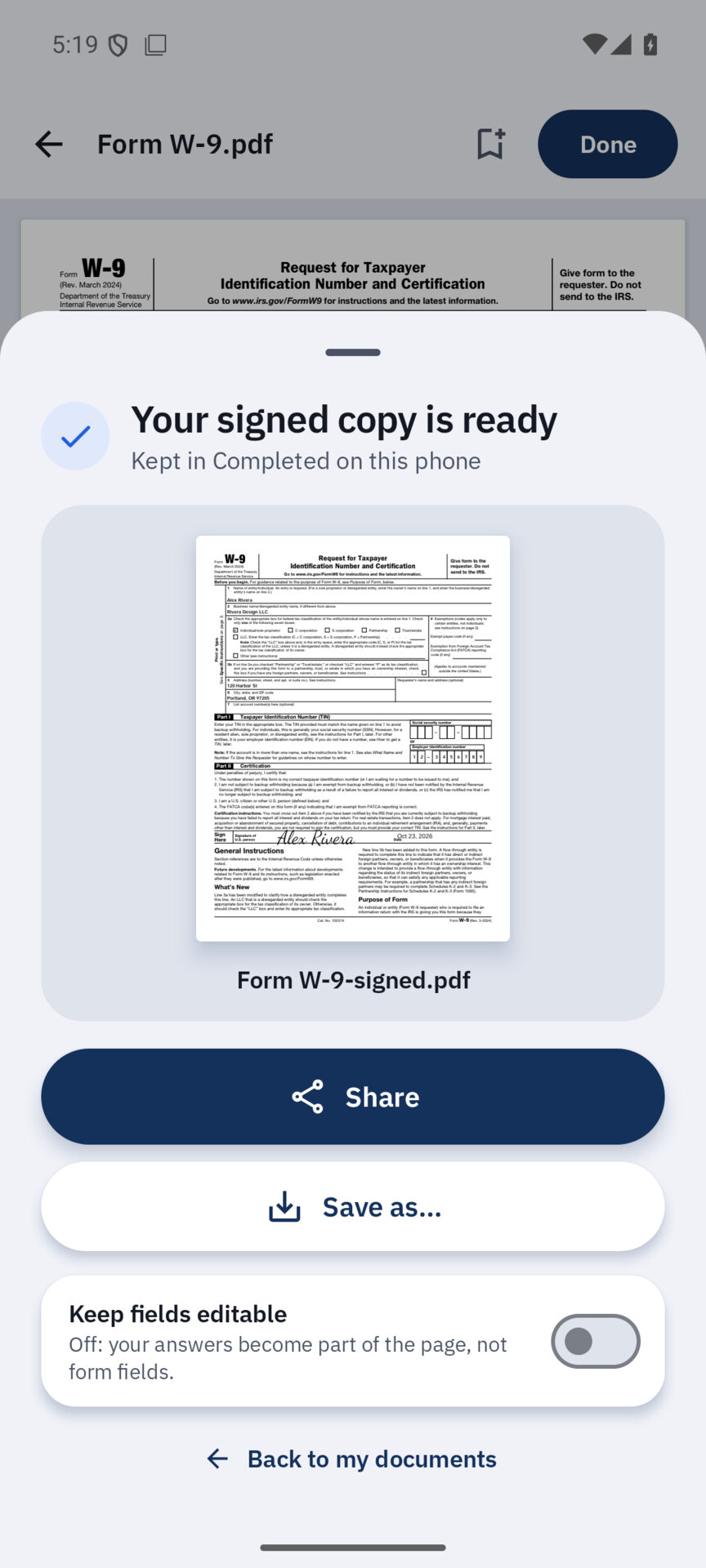 PDF Sign & Fill saying the signed copy is ready, with Share and Save as buttons and a Keep fields editable switch.