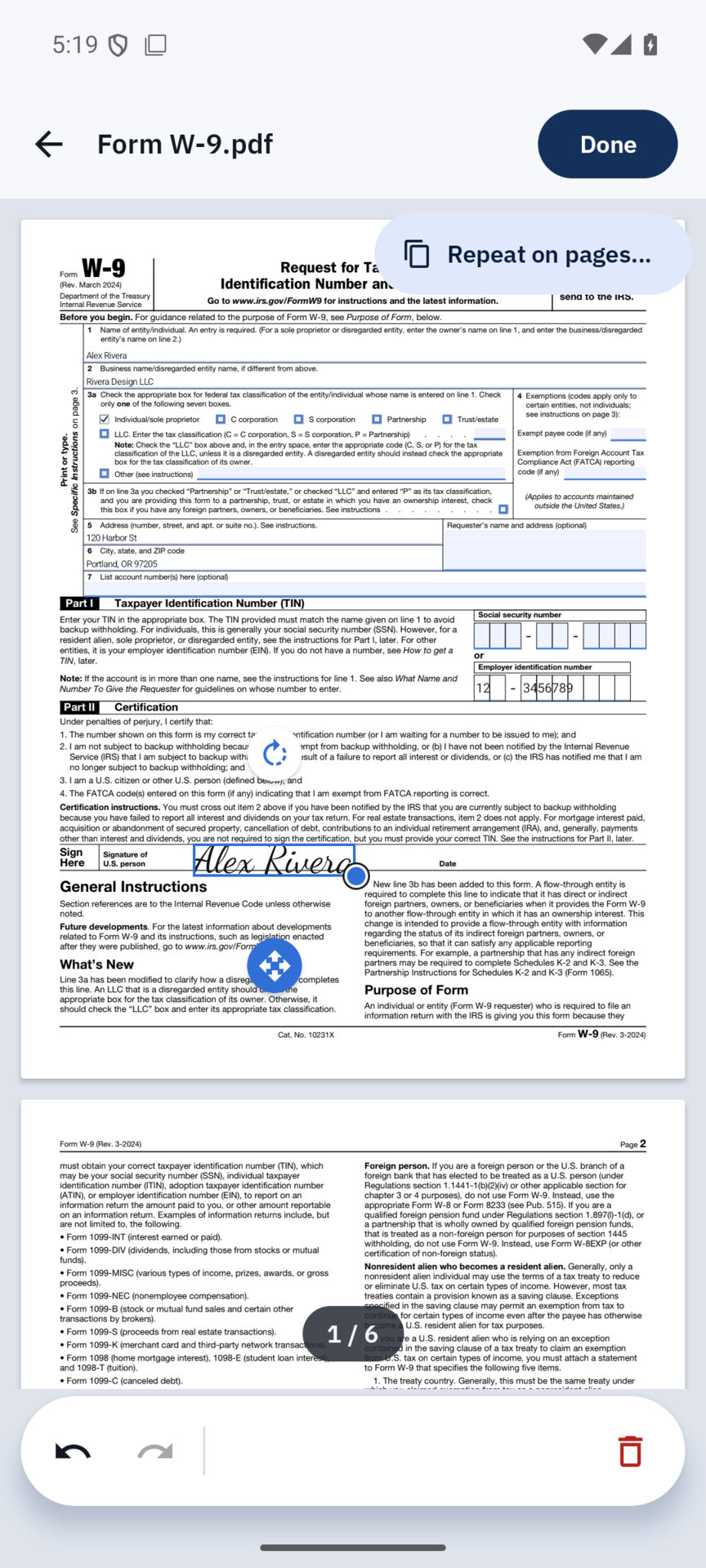 PDF Sign & Fill placing a signature on a W-9: the signature is selected on the line, with handles to move, resize and turn it and a Repeat on pages option.