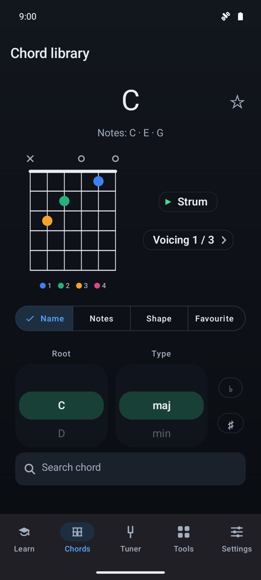TuneHaven's chord library showing a C major fingering on the fretboard.