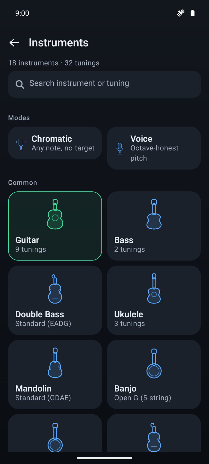 TuneHaven's instrument picker: 18 instruments and 32 tunings, with guitar, bass, ukulele, mandolin and banjo shown.