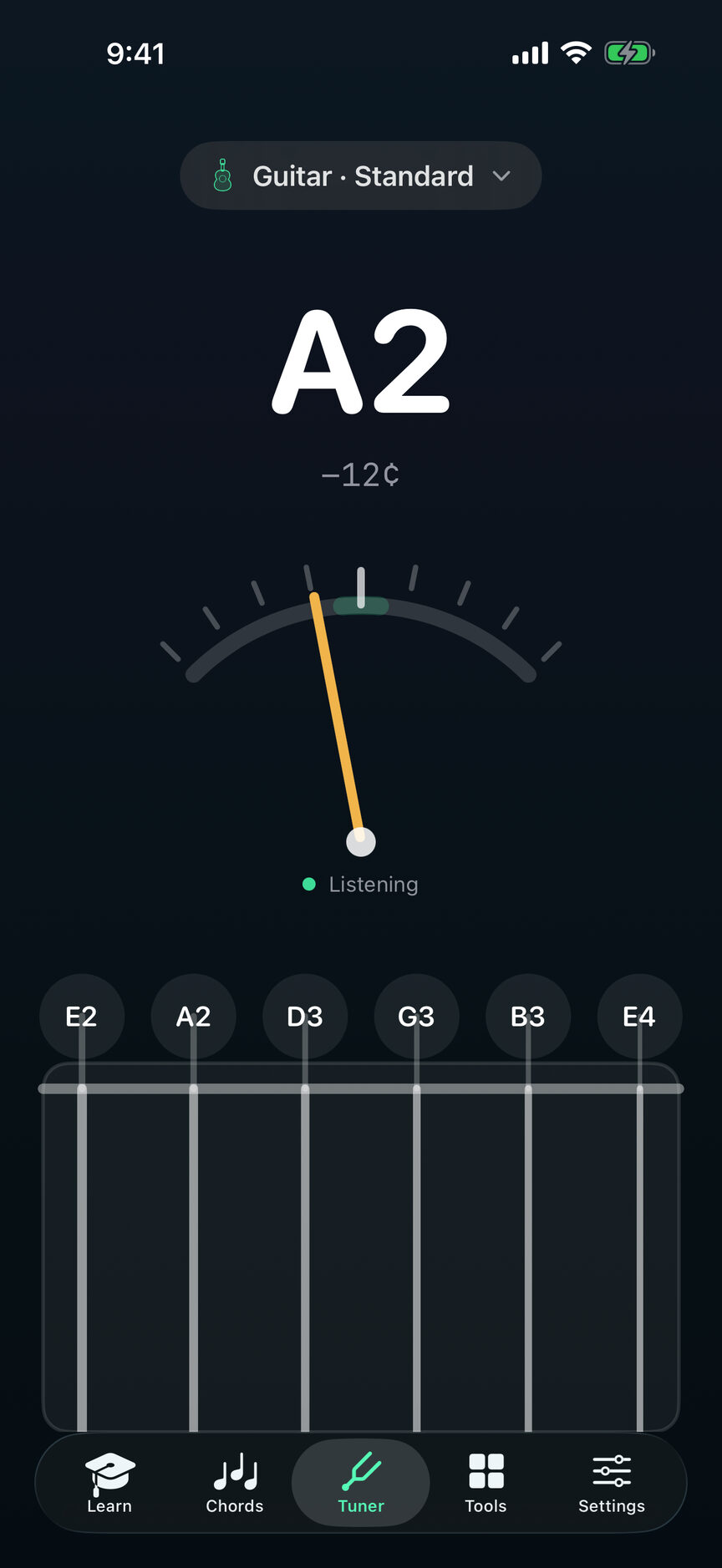 The TuneHaven tuner running on iPhone, reading A2 at minus 12 cents.
