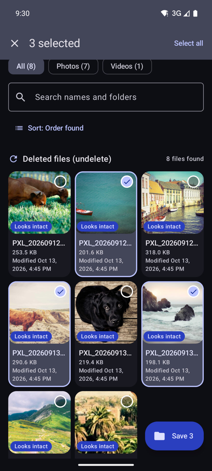 Unerased with three recovered photos selected for saving, each preview labelled Looks intact.
