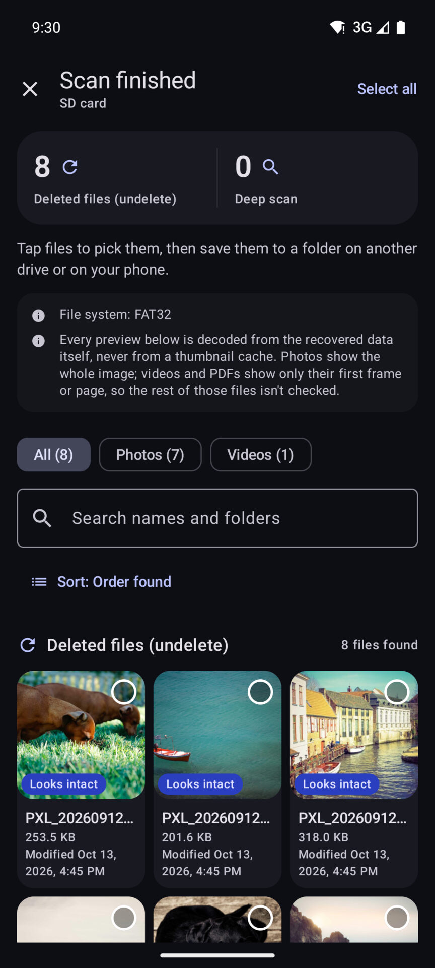 Unerased after scanning a FAT32 SD card: 8 deleted files found by undelete, seven photos and one video, shown as real previews labelled Looks intact.
