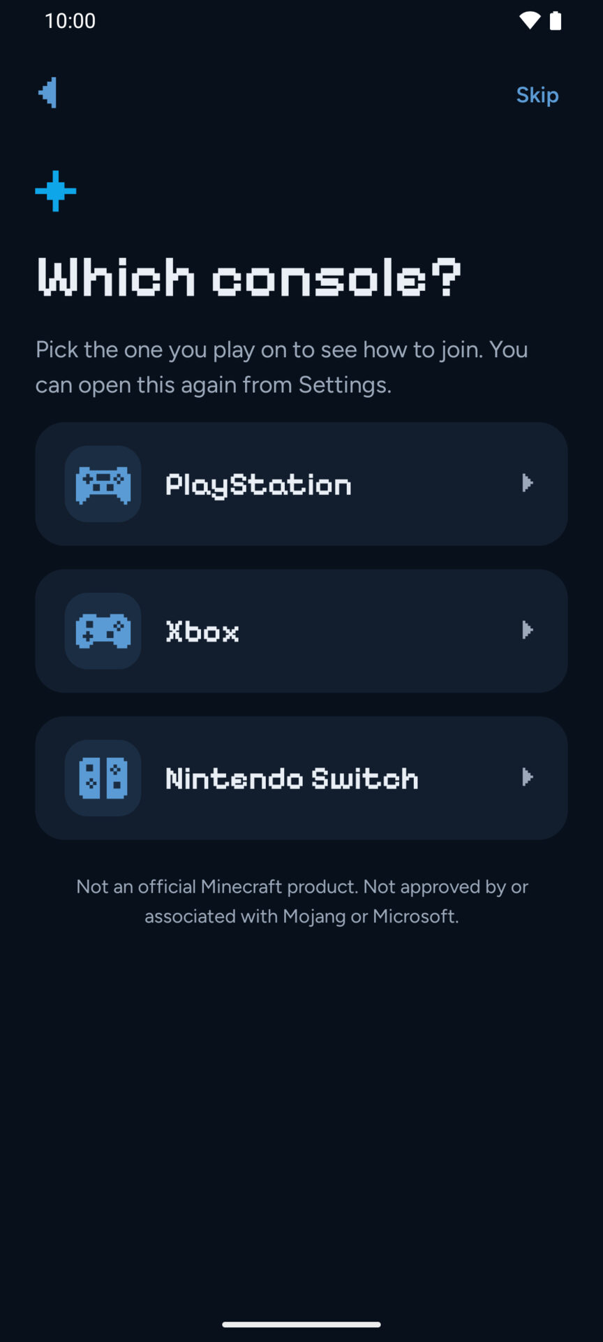 Warpling asking which console you play on: PlayStation, Xbox or Nintendo Switch.