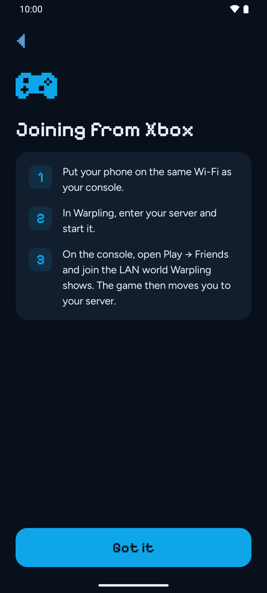 Warpling's three-step guide to joining a server from an Xbox.