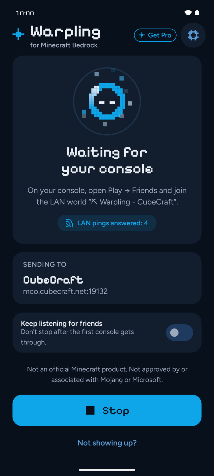 Warpling waiting for a console: it tells you to open Play, then Friends, and join its LAN world, shows the server it is sending to, and a Stop button.